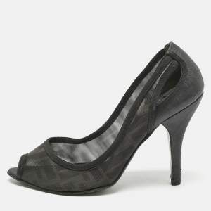 Fendi Black Zucca Mesh and Coated Fabric Peep Toe Pumps Size 37