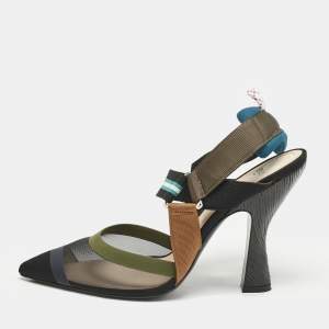 Fendi Multicolor Canvas and Mesh Colibri Slingback Pumps Size 41
