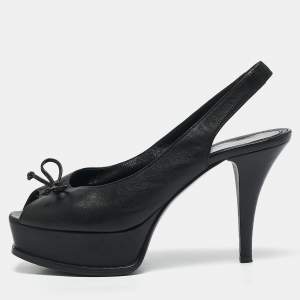 Fendi Black Leather Fendista Bow Peep Toe Slingback Platform Pumps Size 37