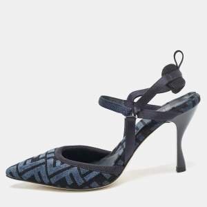 Fendi Navy Blue/Black Zucca Velvet Colibri Pointed Toe Slingback Pumps Size 38.5