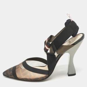 Fendi Brown/Black Zucca Mesh and Fabric Colibri Slingback Pumps Size 39