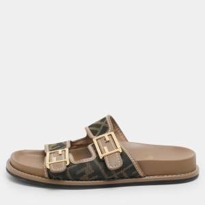 Fendi Brown/Beige Zucca Canvas and Leather FF Buckle Flat Slides Size 37