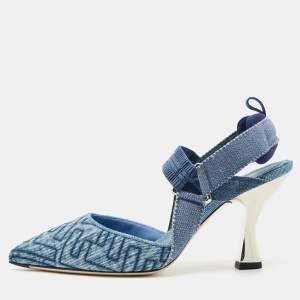 Fendi Navy Blue Zucca Denim Colibri Slingback Pumps Size 39.5