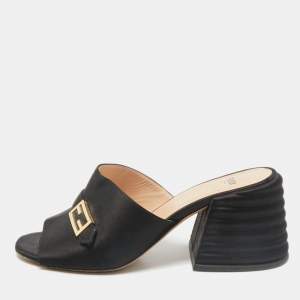 Fendi Black Satin FF Buckle Block Heel Slide Sandals Size 37.5