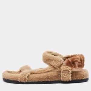 Fendi Brown Shearling Fur Ankle Strap Flat Sandals Size 40