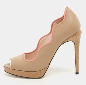 Fendi Beige Lizard Embossed and Leather Scalloped Peep Toe Platform Pumps Size 36