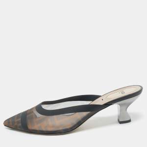 Fendi Black/Brown Zucca Mesh Colibri Heel Mules Size 40