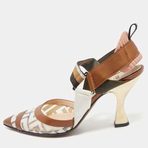 Fendi Brown/White Zucca PVC and Fabric Colibri Slingback Pumps Size 38