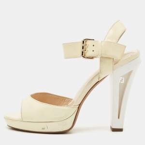Fendi Beige/White Patent Leather Open Toe Ankle Strap Sandals Size 40