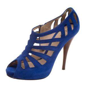 Pre Owned Fendi Cobalt Blue Suede Cut Out Booties Size 37