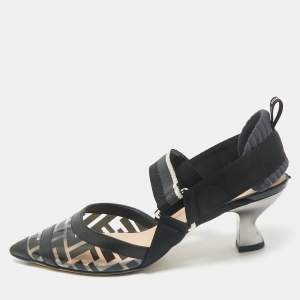 Fendi Black Leather and Zucca PVC Colibri Slingback Pumps Size 37