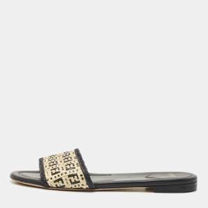 Fendi Black/Cream Woven Raffia and Leather FF Flat Slides Size 41