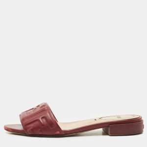 Fendi Burgundy FF Embossed Leather Slide Sandals Size 36