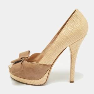 Fendi Beige/Brown Suede And Jute Bow Detail Peep Toe Platform Pumps Size 39