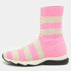 Fendi Pink and Beige Stripes Knit Fabric Sneaker Boots Size 38