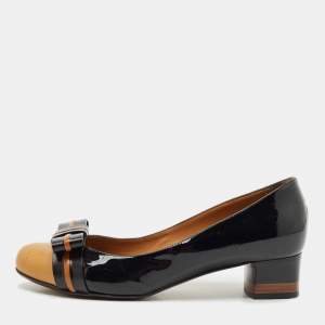 Fendi Black/Beige Leather Cap Toe Bow Detail Pumps Size 38