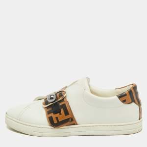 Fendi White/Brown Leather FF Buckle Strap Pearland Slip On Sneakers Size 40