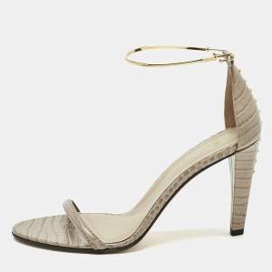 Fendi Grey Croc Embossed Leather Filo Ankle Strap Sandals Size 38