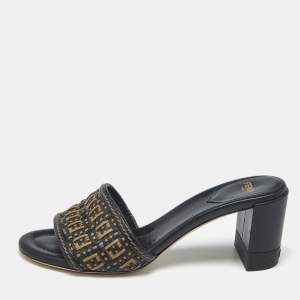 Fendi Black/Brown FF Interlace Leather Slide Sandals Size 37.5