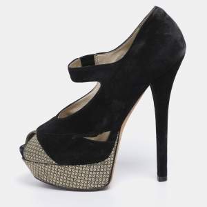 Pre Owned Fendi Black Suede Peep Toe Platform Pumps Size 38.5