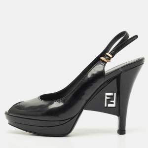 Pre Owned Fendi Black Patent Leather Fendista Platform Slingback Pumps Size 39