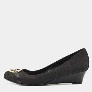 Pre Owned Fendi Black Canvas Logo Wedges Sandals Size  41