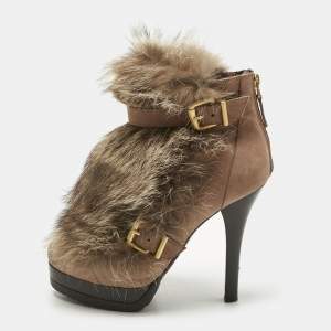 Fendi Brown Nubuck Leather and Raccoon Fur Platform Ankle Boots Size 40