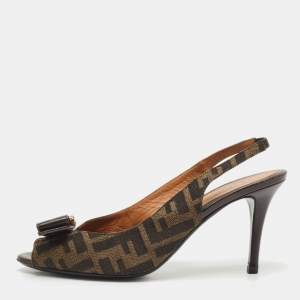 Pre Owned Fendi Brown Zucca Canvas and Leather Slingback Pumps Size 37.5