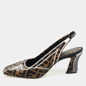 Pre Owned Fendi Tobacco Zucca Canvas and Leather FFreedom Slingback Pumps Size 37