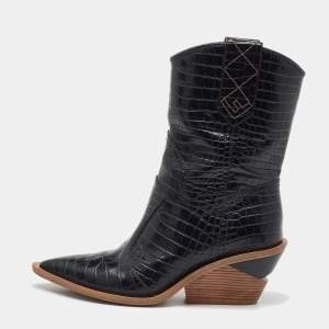 Fendi Black Croc Embossed Leather Mid Calf Cowboy Boots Size 36.5