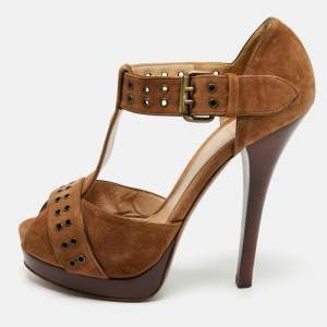 Pre Owned Fendi Brown Suede  T-Bar Ankle-Strap Platform Sandals Size 39