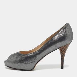 Fendi Silver Texture Suede Peep Toe Platform Pumps Size 38.5
