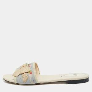 Pre Owned Fendi Grey/Cream Embroidered Knit Fabric Bow Embellished Flat Slides Size 37