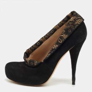 Pre Owned Fendi Black Lace and Suede Envelope Pumps Size 38.5
