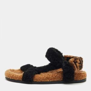 Pre Owned Fendi Brown/Black Shearling Fur Ankle Strap Flat Sandals Size 38
