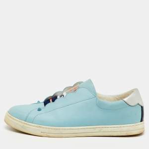 Pre Owned Fendi Light Blue/Silver Leather Rockoko Slip On Sneakers Size 41