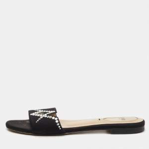 Pre Owned Fendi Black Satin Crystal Embellished Flat Slide Sandals Size 36