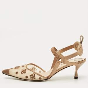 Pre Owned Fendi Brown/Beige Satin and Velvet Colibri Slingback Pumps Size 36