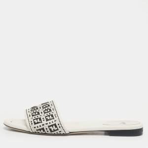 Pre Owned Fendi White Woven Leather Flat Slide Size 38