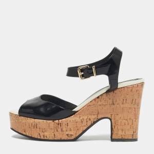 Pre Owned Fendi Black Patent Leather Cork Wedge Sandals Size 38.5