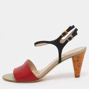 Pre Owned Fendi Red/Black Fabric and Leather Ankle Strap Sandals Size 40