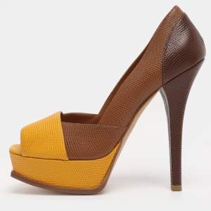 Pre Owned Fendi Brown/Yellow Lizard Embossed Leather Fendista Peep Toe Pumps Size 40