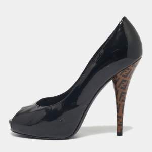 Pre Owned Fendi Black Patent Leather FF Heels Peep Toe Platform Pumps Size 36.5