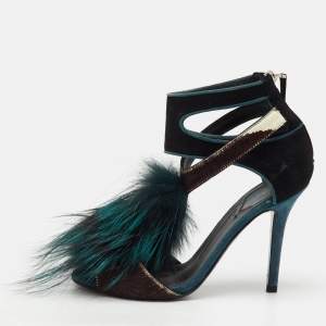 Pre Owned Fendi Multicolor Suede, Calf Hair and Mink Fur Ankle Strap Sandals Size 38