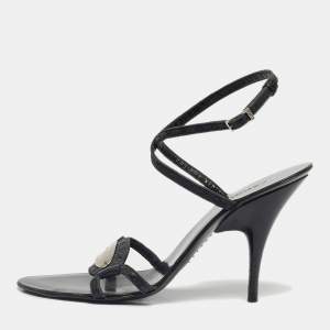 Pre Owned Fendi Black Leather Buckle Detail Ankle Strap Sandals Size 36.5