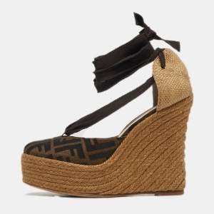 Pre Owned Fendi Brown Zucca Canvas Espadrille Wedge Sandals Size 41