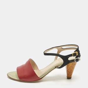 Pre Owned Fendi Multicolor Fabric and Leather Cork Ankle Strap Sandals Size 36