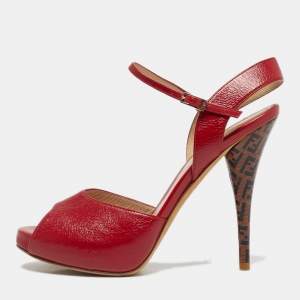 Pre Owned Fendi Red Leather Zucca Print Heel Peep Toe Ankle Strap Sandals Size 38