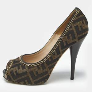 Pre Owned Fendi Brown Zucca Canvas Chain Embellished Peep Toe Pumps Size 37