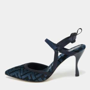 Pre Owned Fendi Navy Blue/Black Zucca Velvet Colibri Pumps Size 37